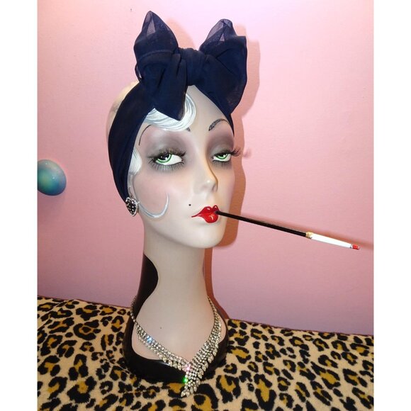 Vintage Dark Navy Blue Sheer Nylon Neck Scarf pinup retro rockabilly head wrap - Picture 5 of 15